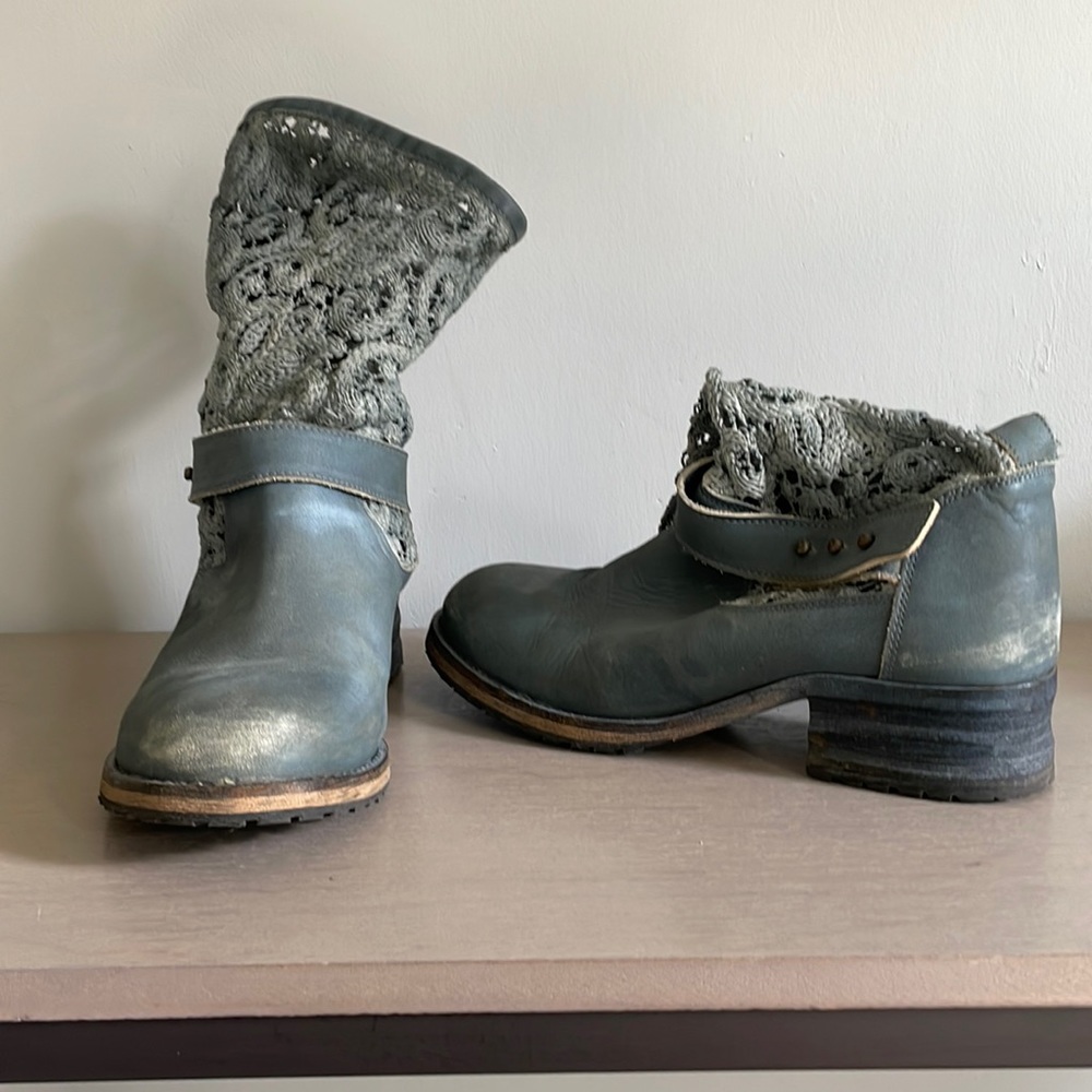 Distressed leather and lace fashion boot